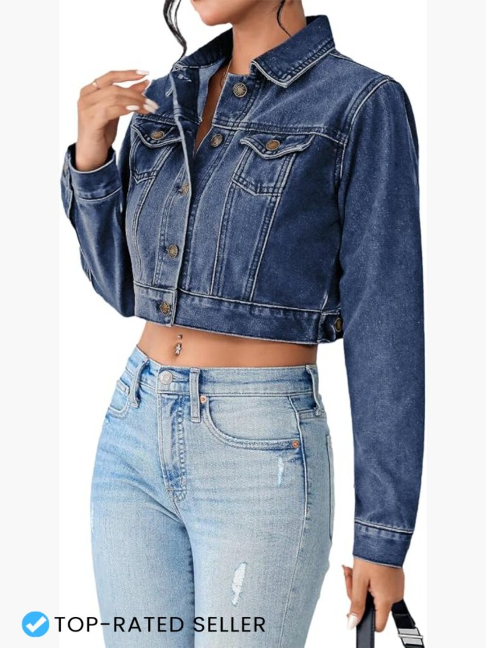 Cropped Denim Jean Jacket Distressed Long Sleeve Button Up Retro Y2K Streetwear